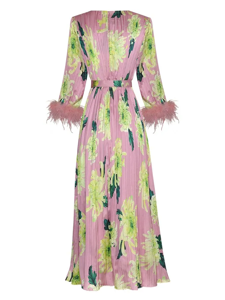 Kennedy O-Neck Feather Splicing 3/4 Sleeves Crystal Belt Flower Print Midi Dress
