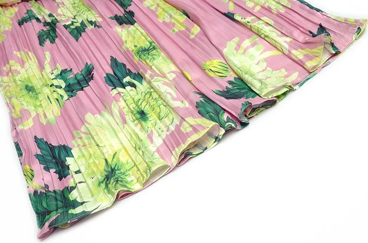 Kennedy O-Neck Feather Splicing 3/4 Sleeves Crystal Belt Flower Print Midi Dress