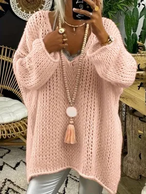 Knitted oversized sweater with v-neck