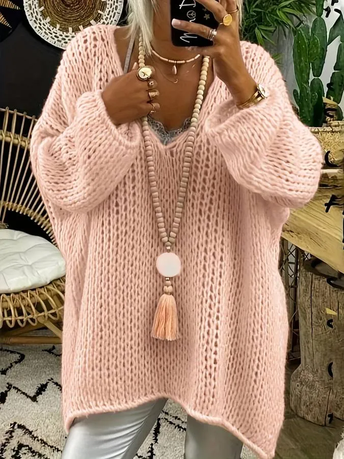 Knitted oversized sweater with v-neck