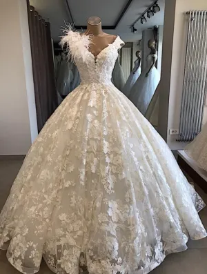 lace applique ball gown wedding dresses 2020 custom make feather luxury princess boho wedding gown 2021