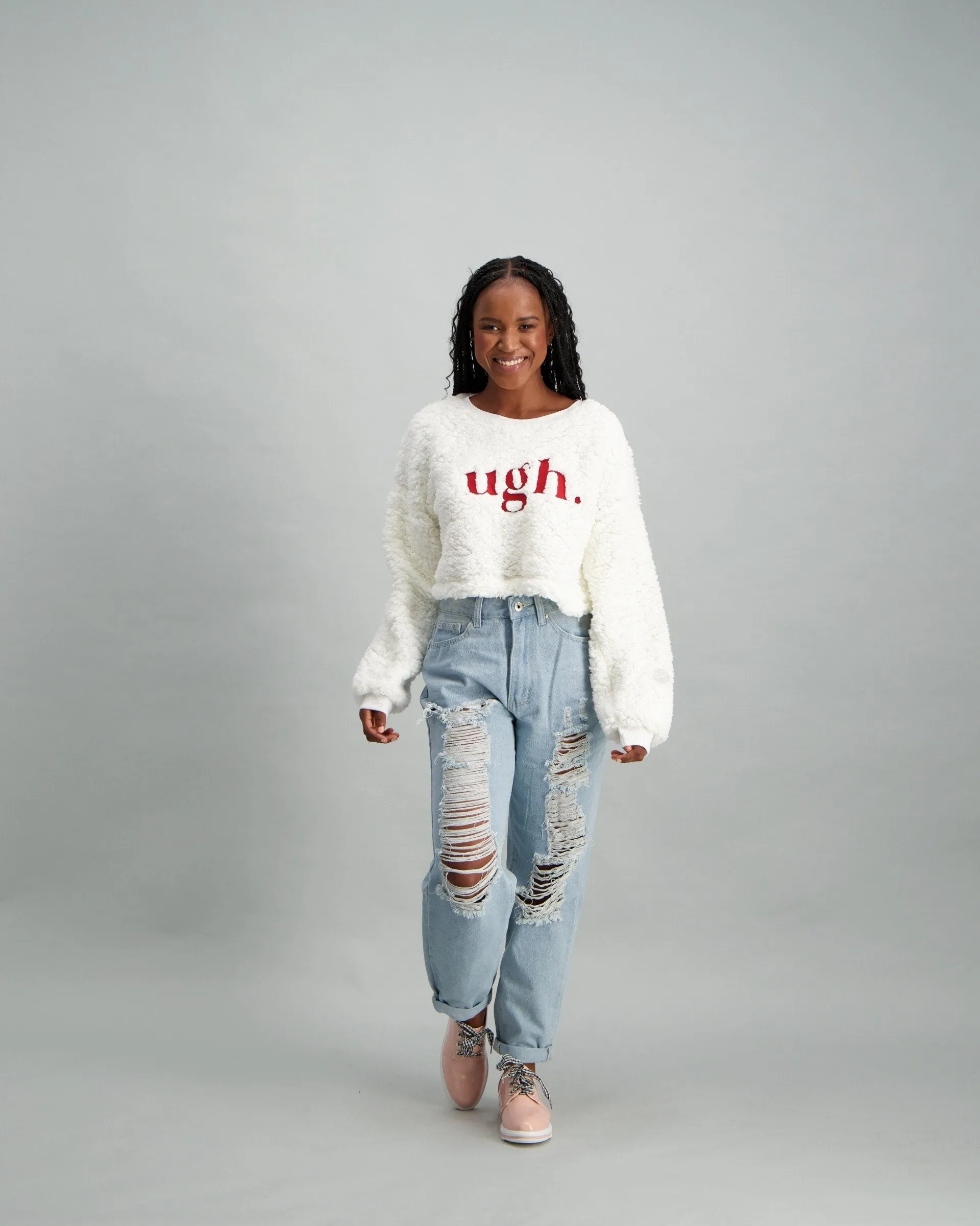 Ladies Sherpa Embroided Pullover - Cream