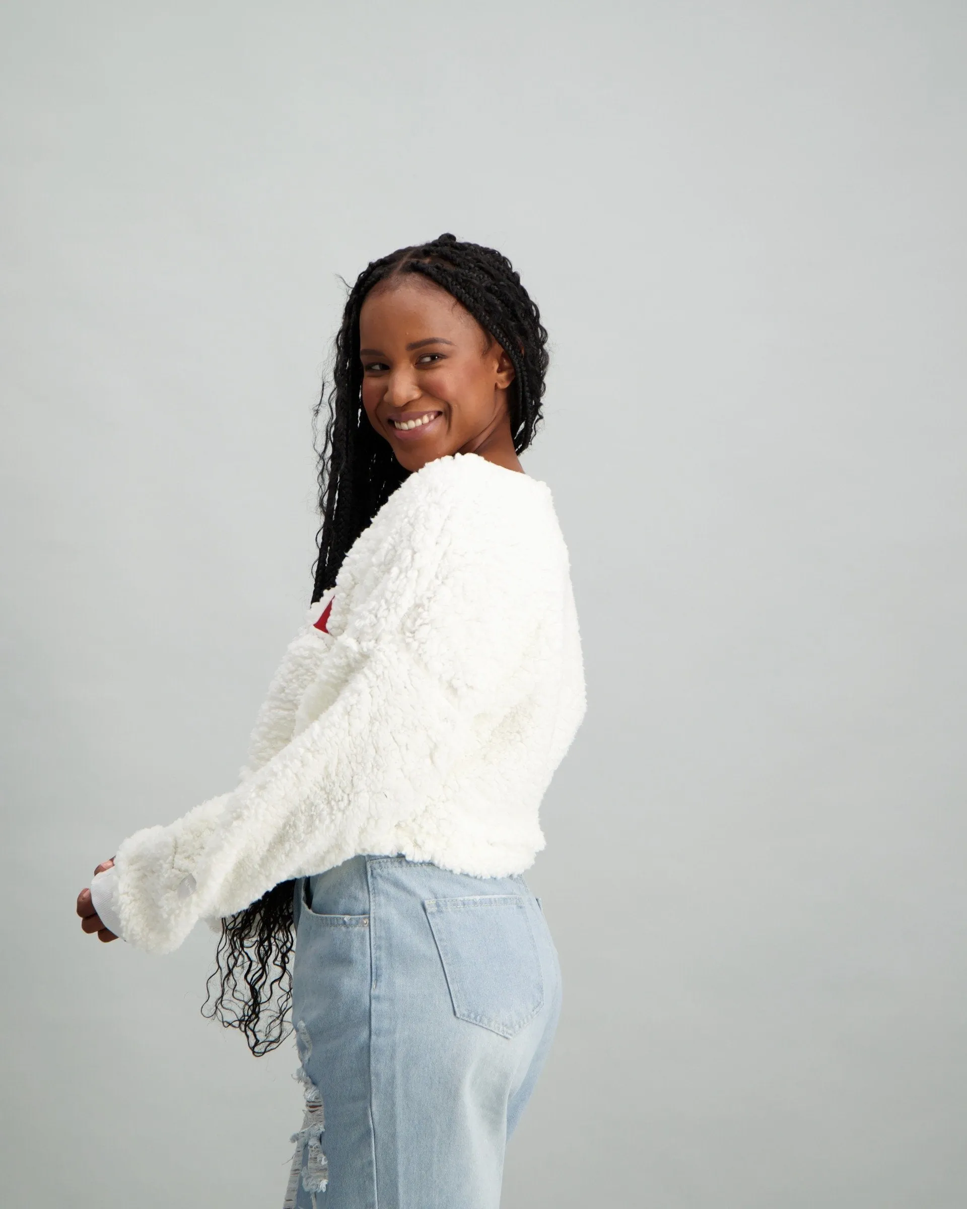 Ladies Sherpa Embroided Pullover - Cream