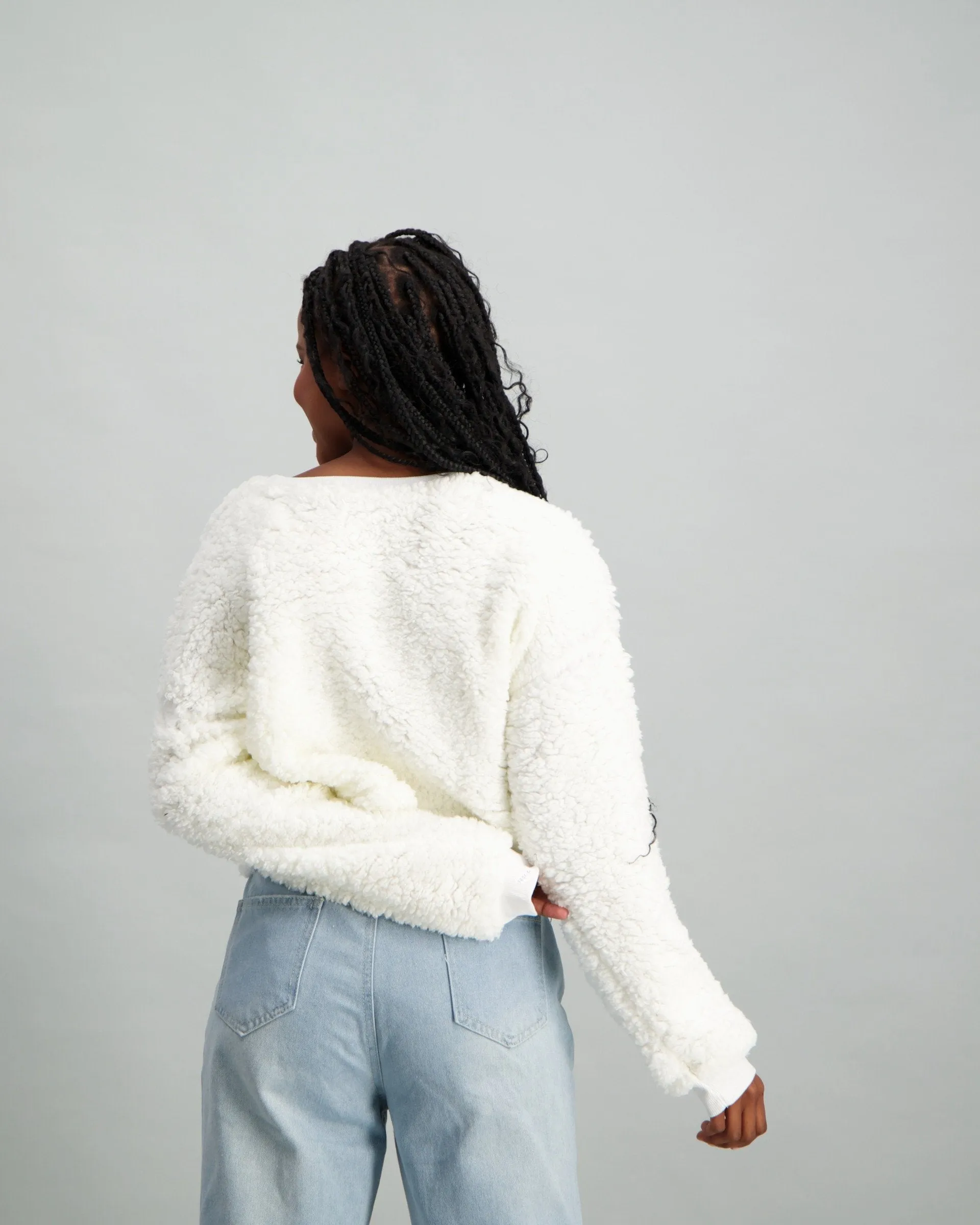 Ladies Sherpa Embroided Pullover - Cream