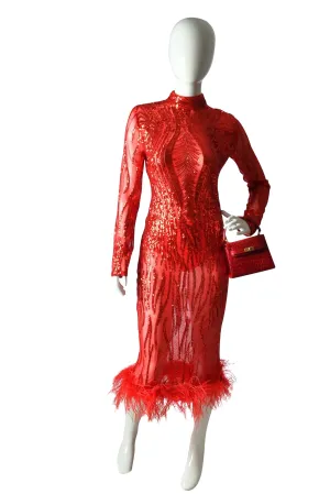 Lady In Red Sequence Midi Dress W/Feather Bottom