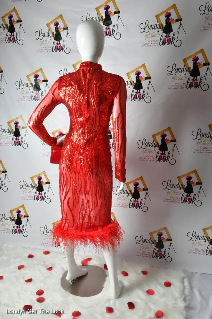 Lady In Red Sequence Midi Dress W/Feather Bottom