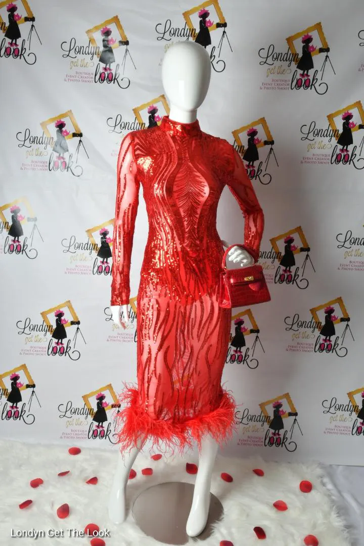 Lady In Red Sequence Midi Dress W/Feather Bottom