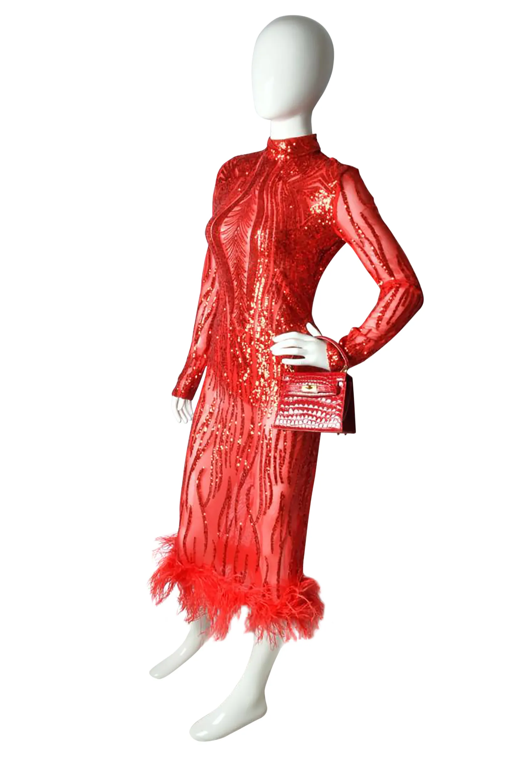 Lady In Red Sequence Midi Dress W/Feather Bottom