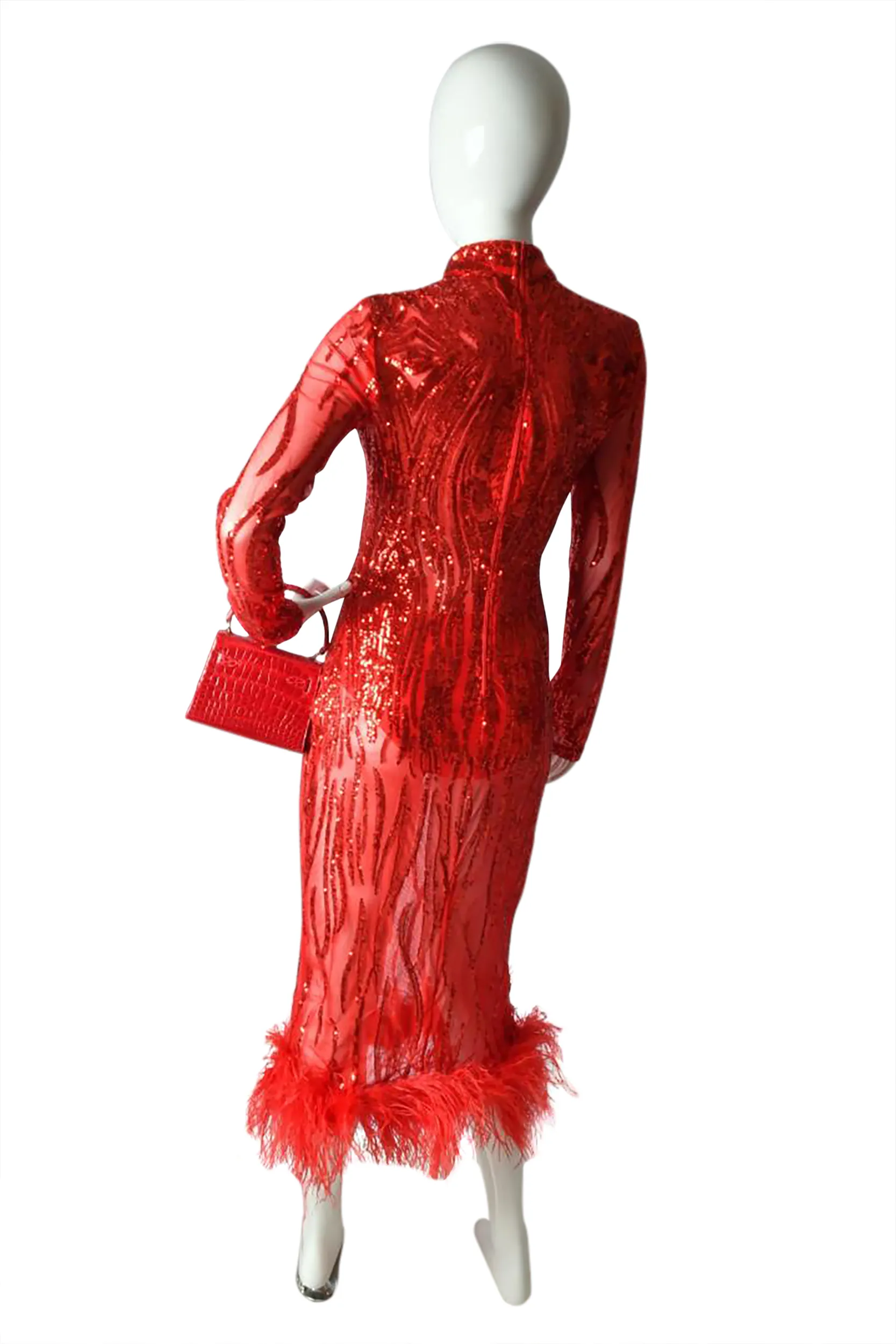 Lady In Red Sequence Midi Dress W/Feather Bottom