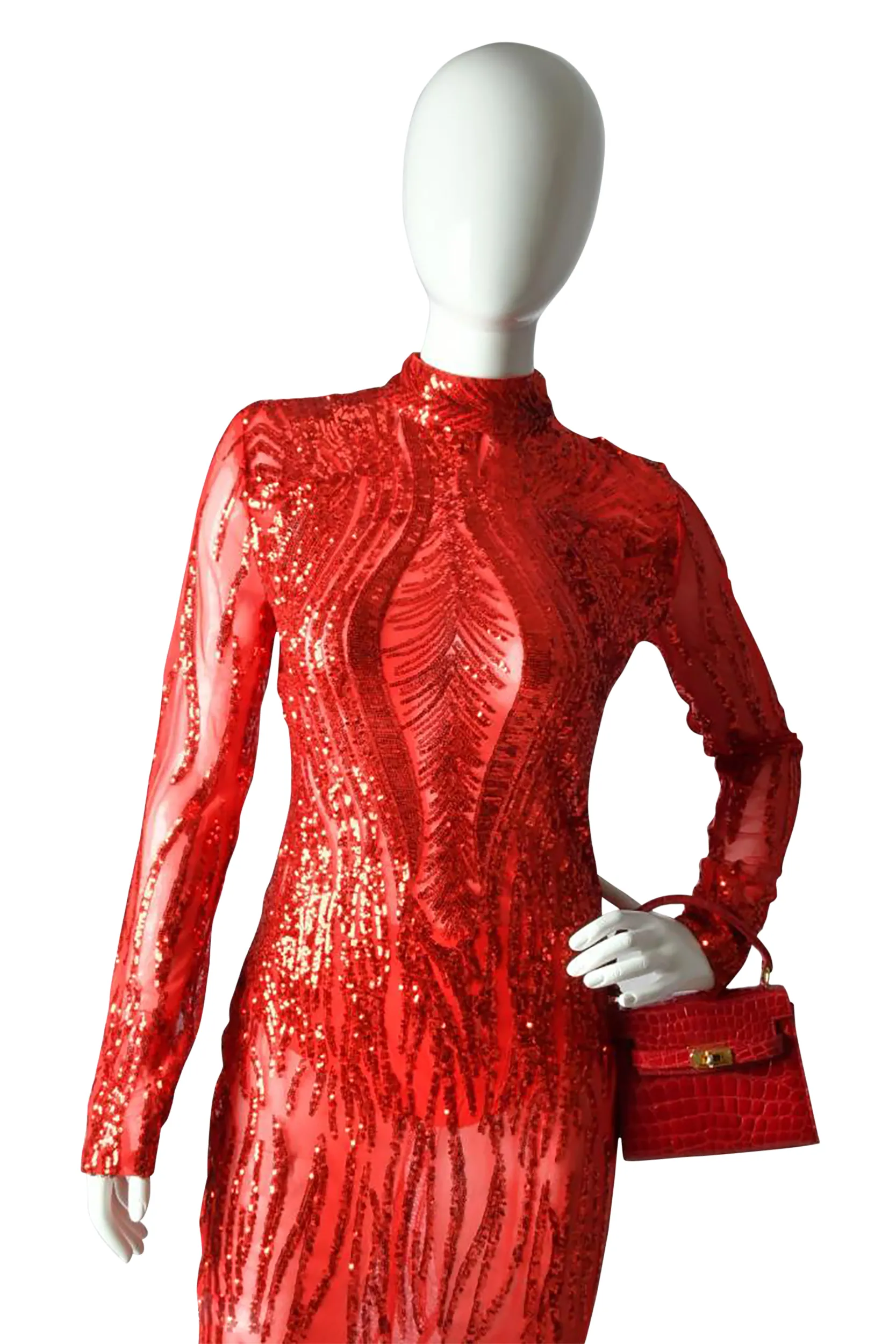 Lady In Red Sequence Midi Dress W/Feather Bottom