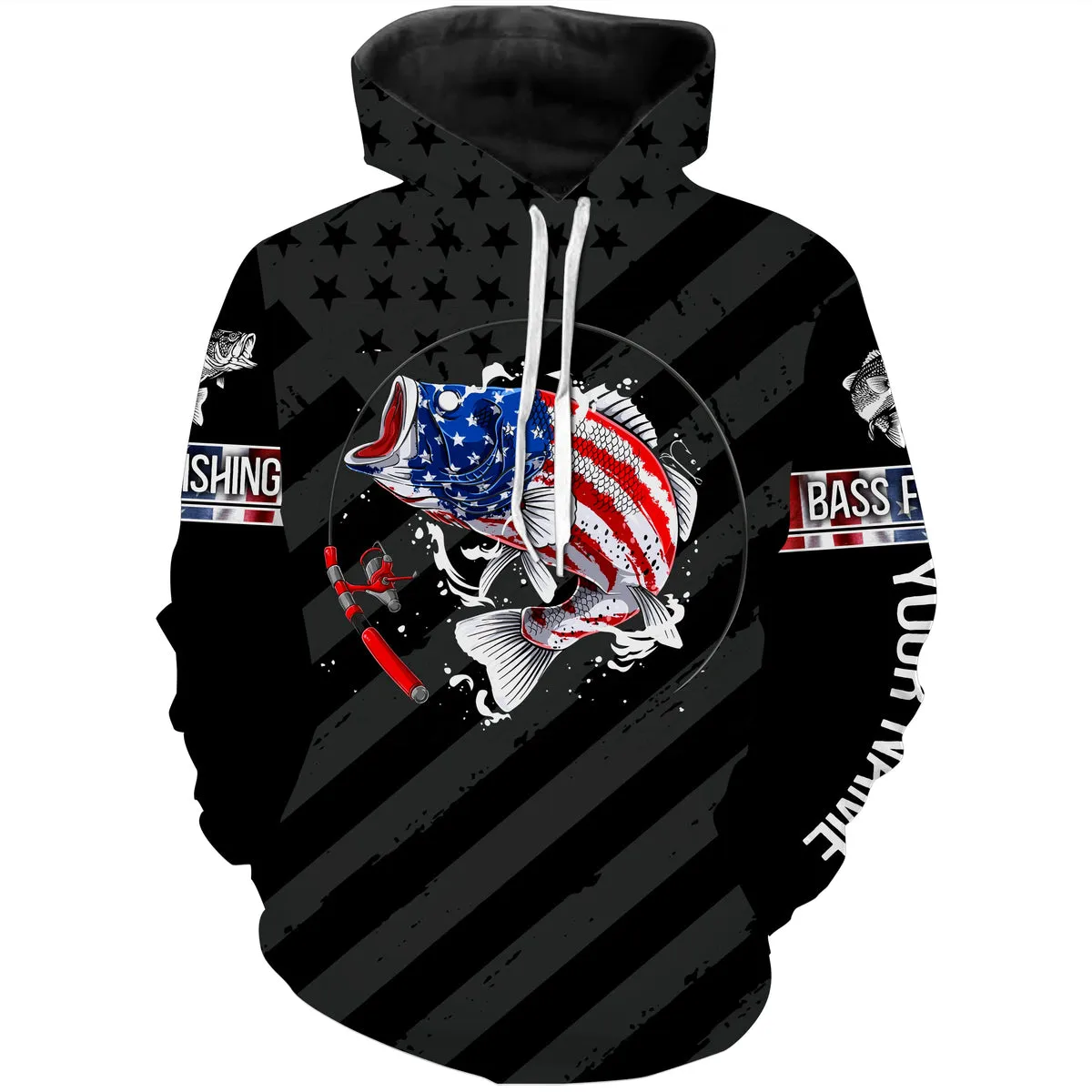 Largemouth Bass fishing black American flag Custom name fishing jerseys  | Hoodie - NPQ827