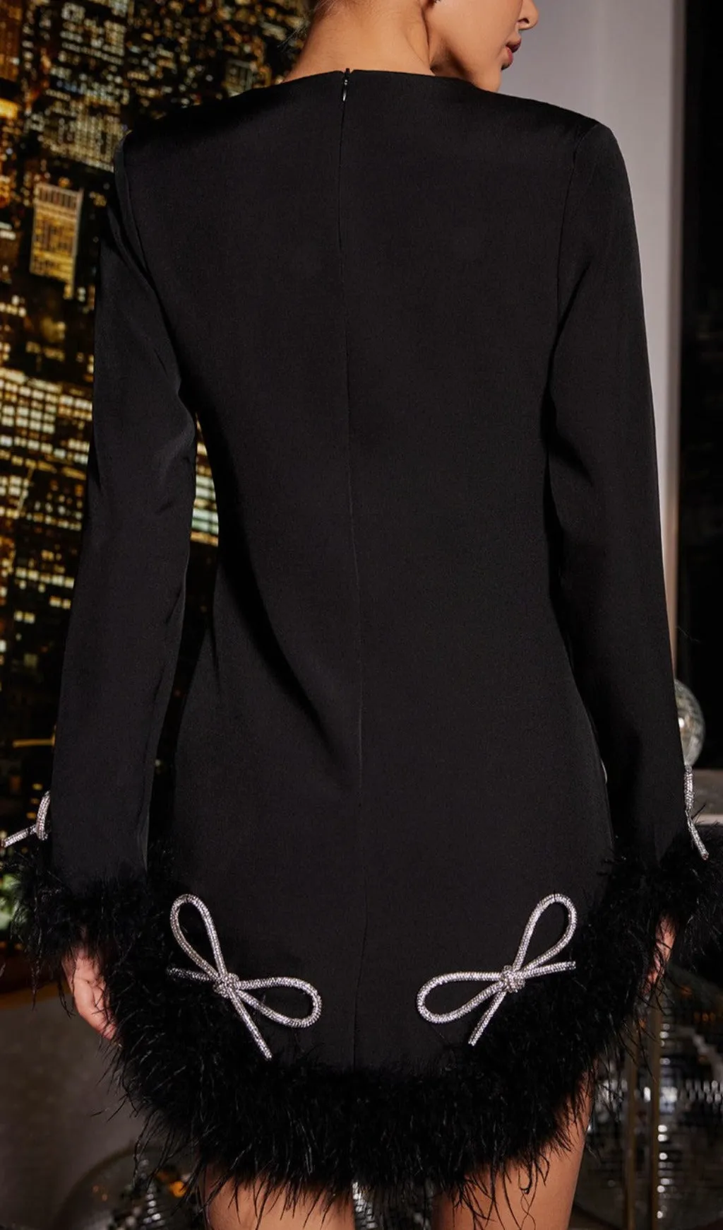 LONG SLEEVE BOW CRYSTAL FEATHER DRESS