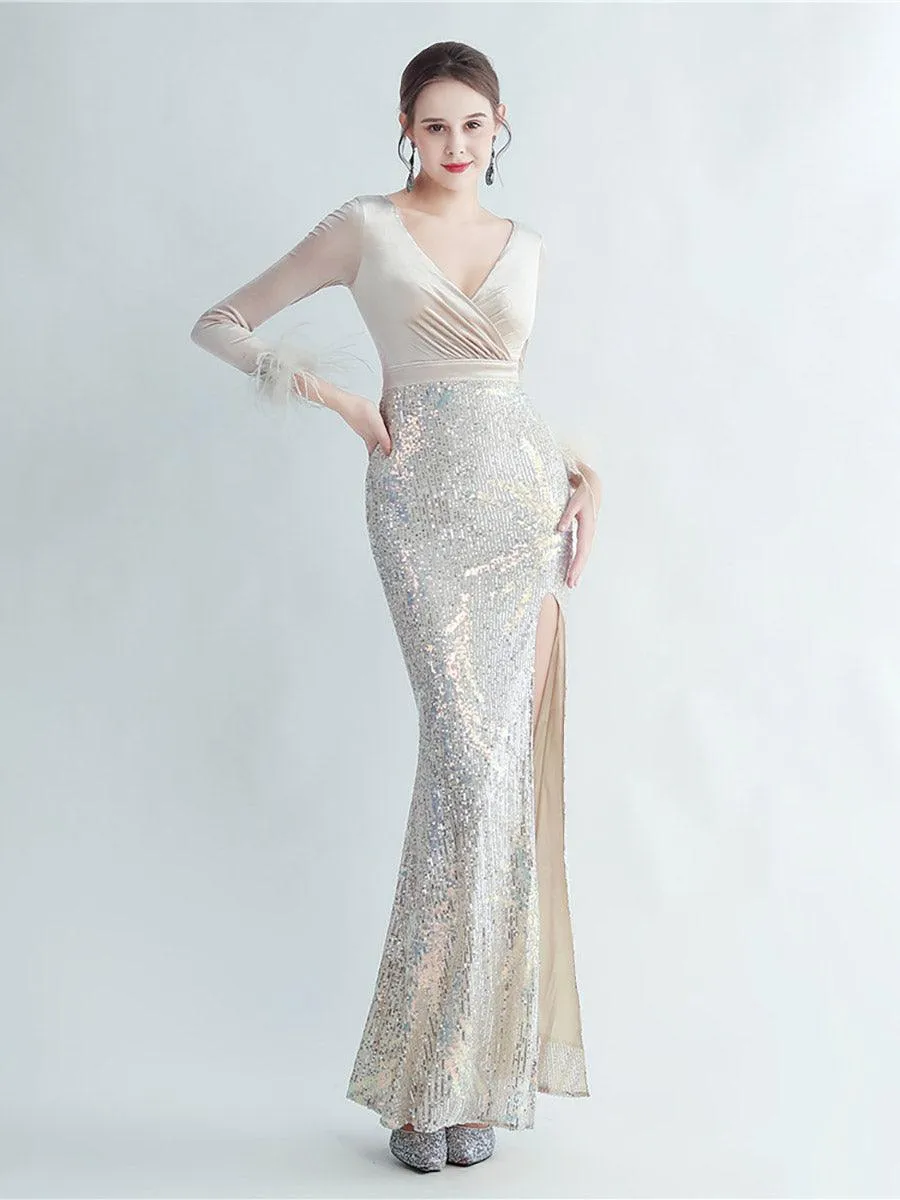 Long Sleeve Velvet Feather Wrap Prom Dress MCW0949