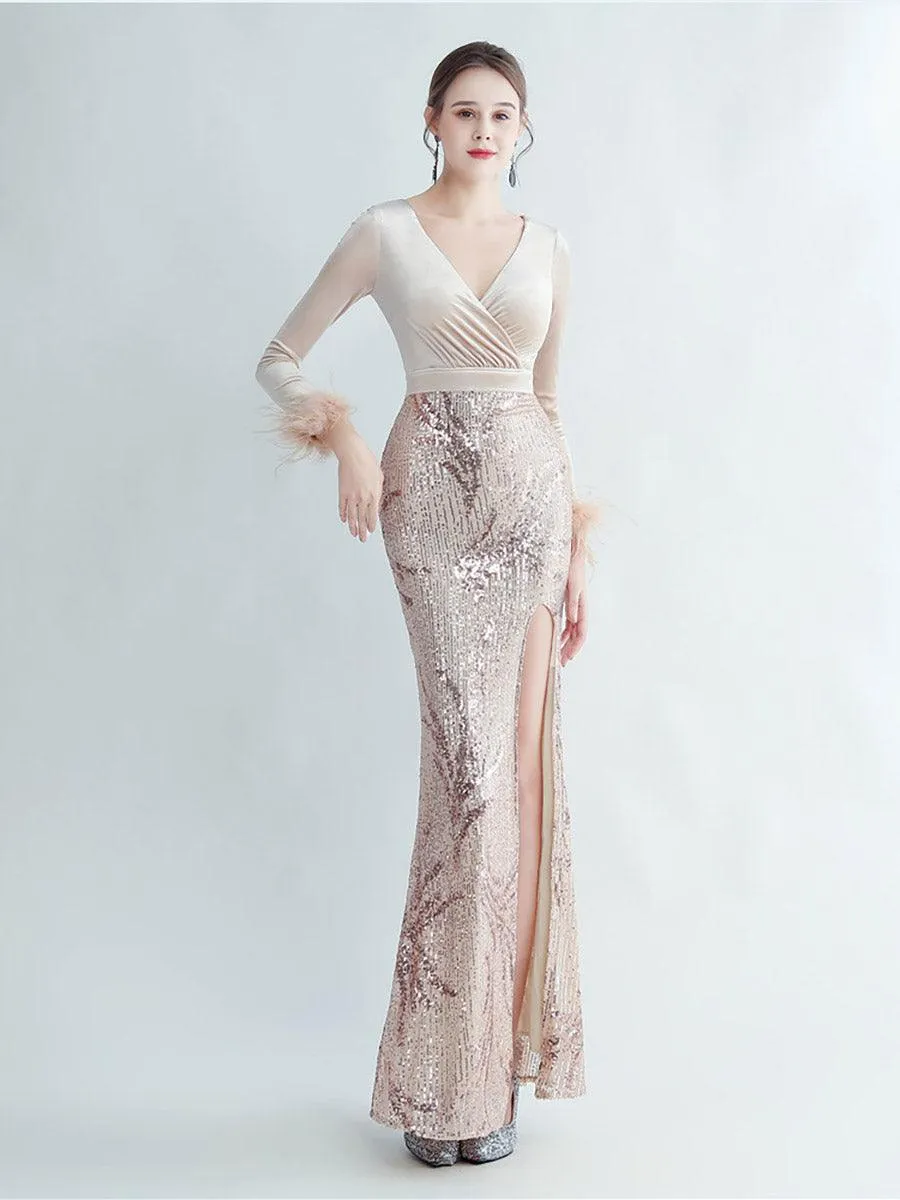 Long Sleeve Velvet Feather Wrap Prom Dress MCW0949