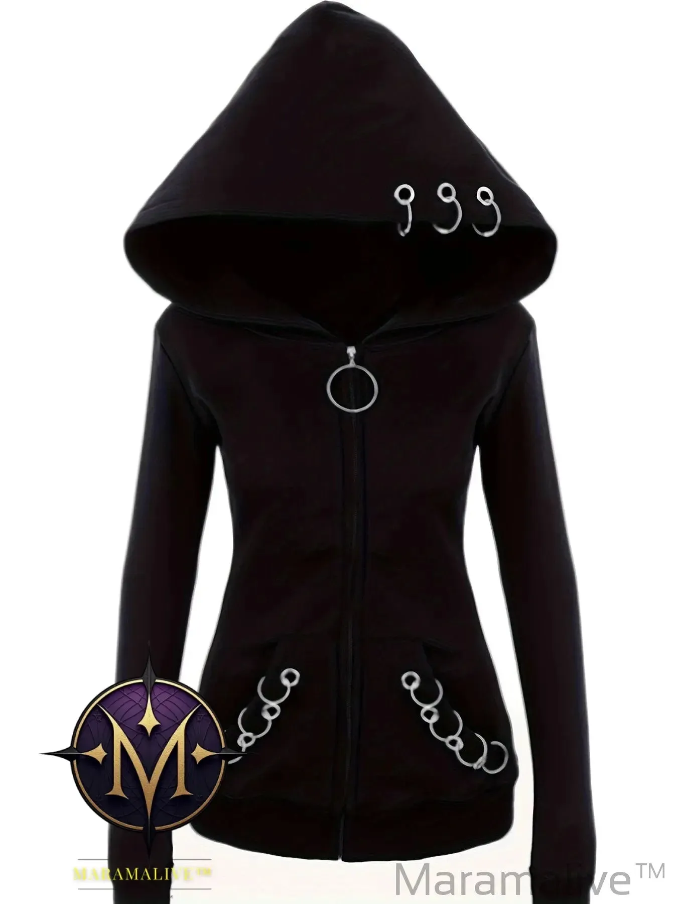 Loose Gothic Punk Long Sleeve Hooded Black Sweatshirt, Solid Fashion Hoodies Zipper Jacket, Women's Clothing