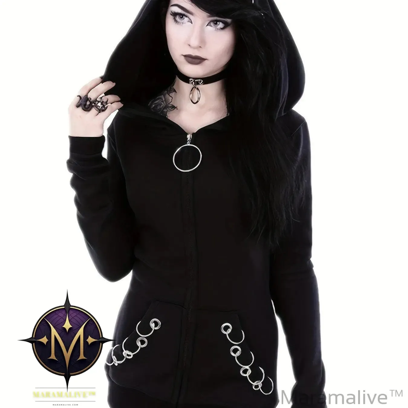 Loose Gothic Punk Long Sleeve Hooded Black Sweatshirt, Solid Fashion Hoodies Zipper Jacket, Women's Clothing