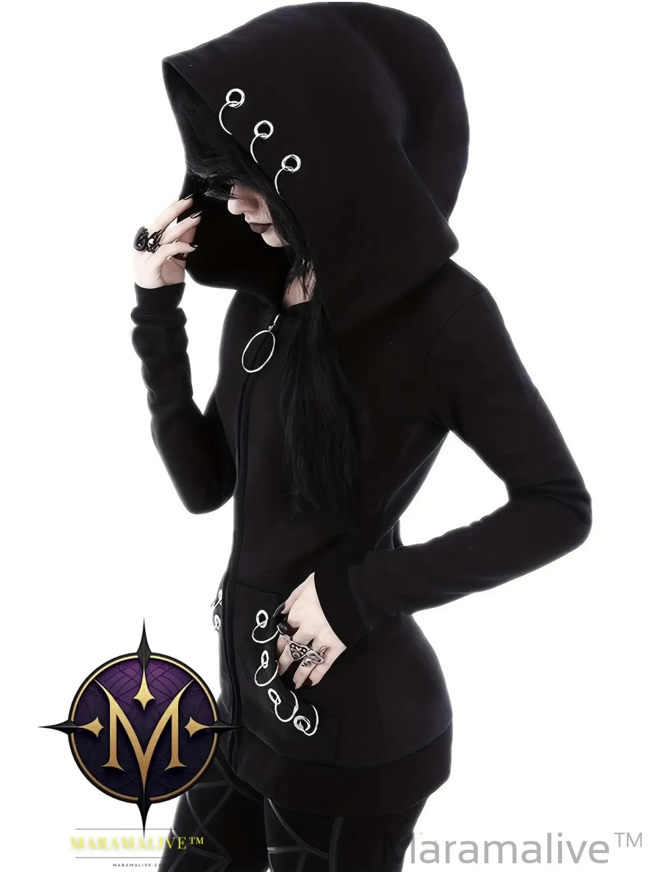 Loose Gothic Punk Long Sleeve Hooded Black Sweatshirt, Solid Fashion Hoodies Zipper Jacket, Women's Clothing