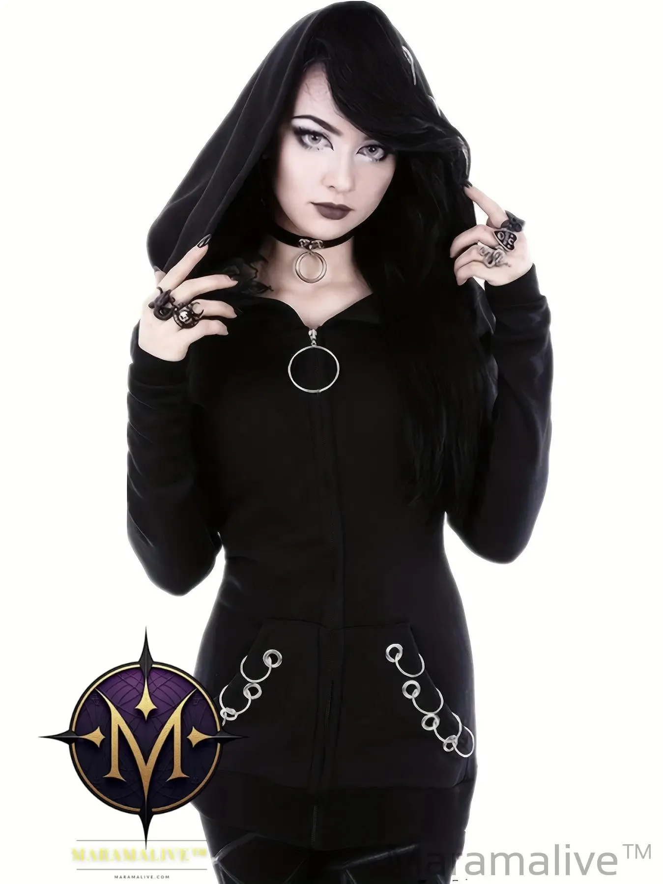 Loose Gothic Punk Long Sleeve Hooded Black Sweatshirt, Solid Fashion Hoodies Zipper Jacket, Women's Clothing