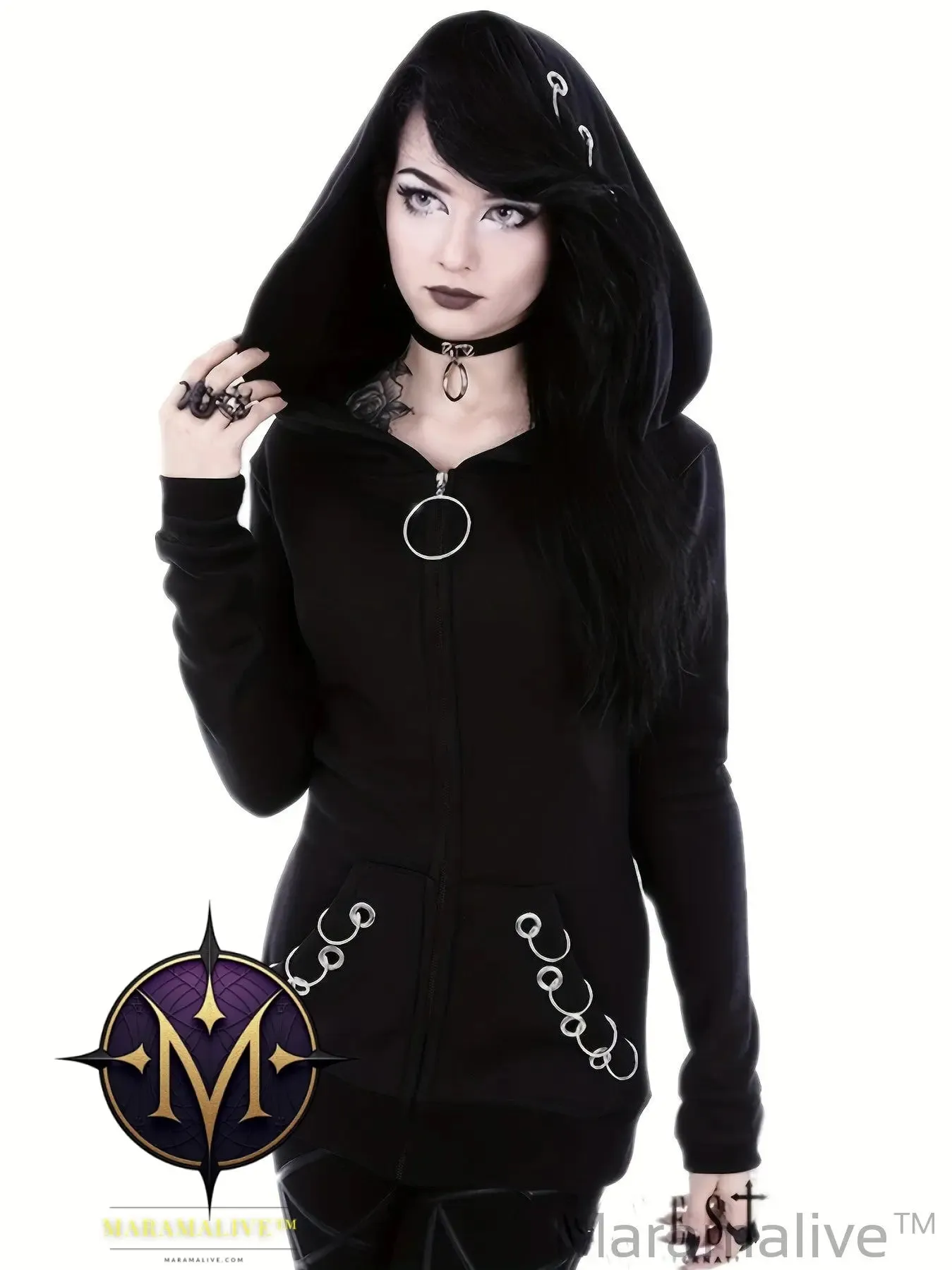 Loose Gothic Punk Long Sleeve Hooded Black Sweatshirt, Solid Fashion Hoodies Zipper Jacket, Women's Clothing