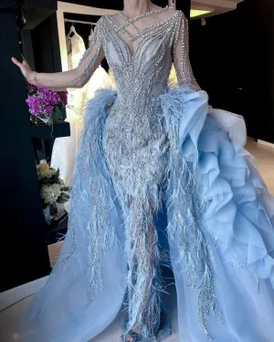 luxury blue prom dresses with detachable skirt beaded crystal feather long sleeve elegant prom gown