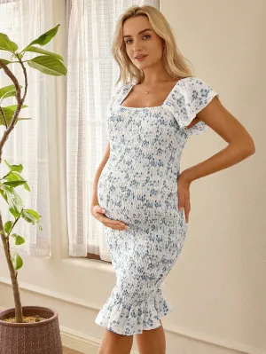 Maternity Nursing Square Neckline Ruffle Sleeve Knee-Length Slim Fit Dress