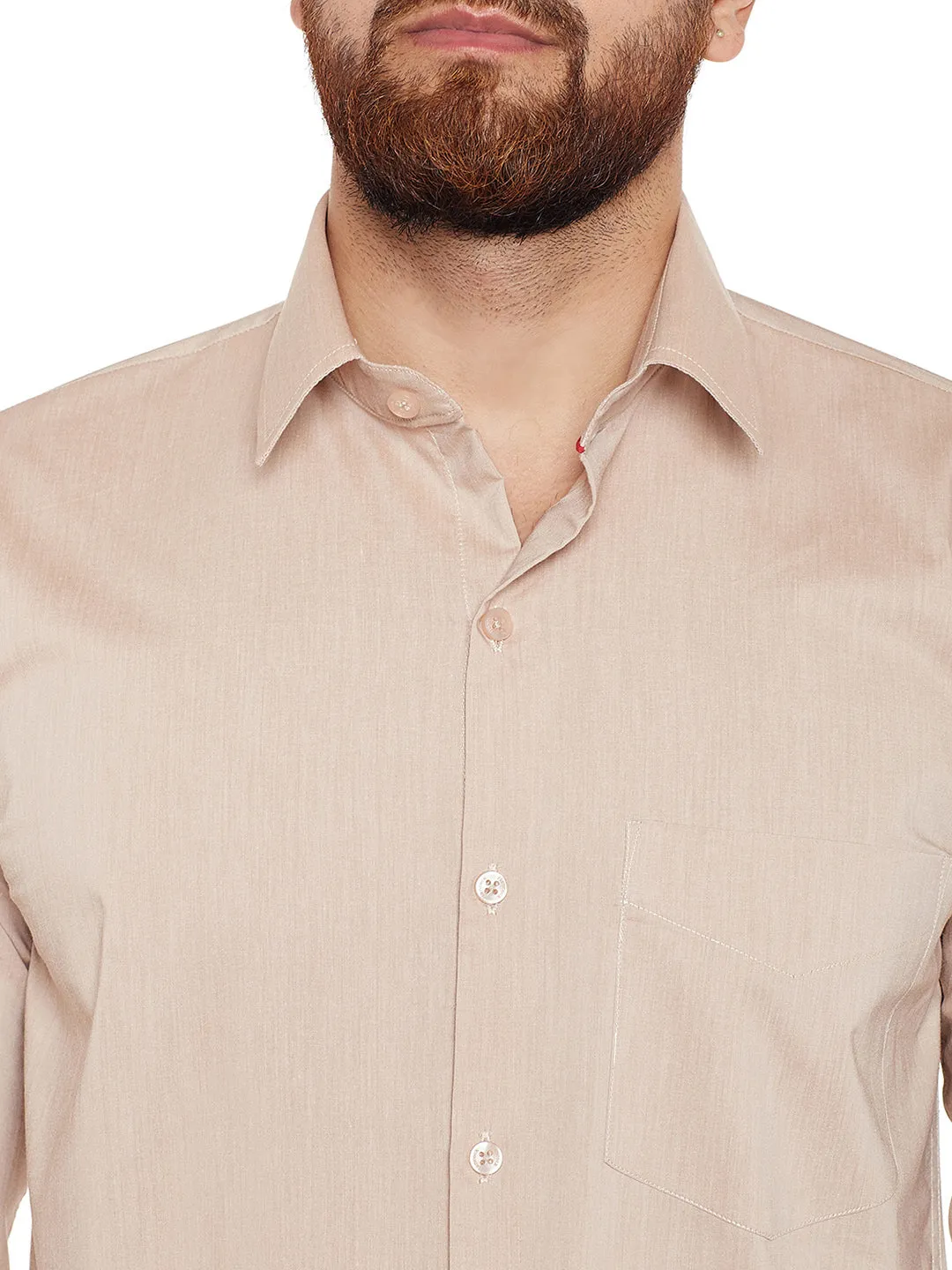 Men Fawn Solid Chambray Pure Cotton Slim Fit Formal Shirt