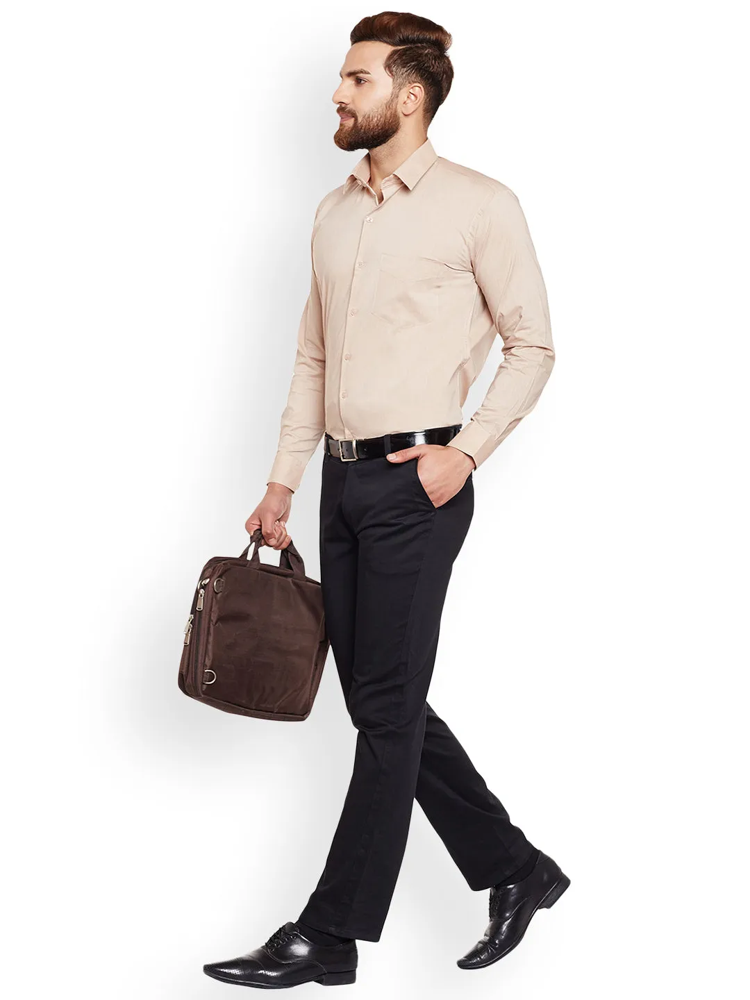 Men Fawn Solid Chambray Pure Cotton Slim Fit Formal Shirt