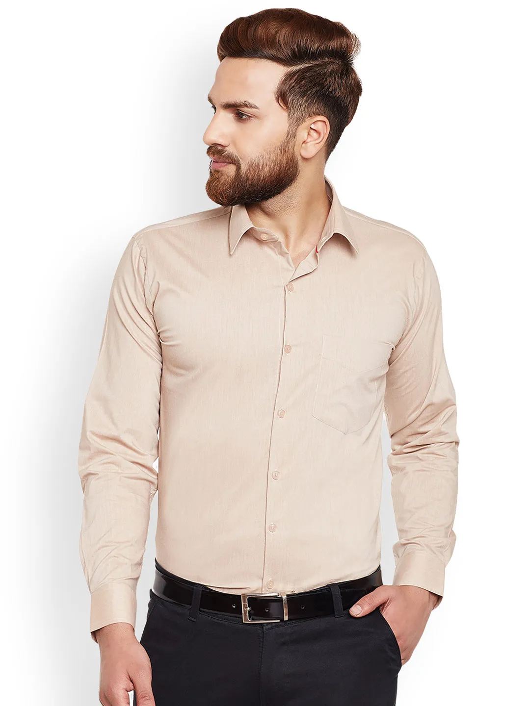 Men Fawn Solid Chambray Pure Cotton Slim Fit Formal Shirt