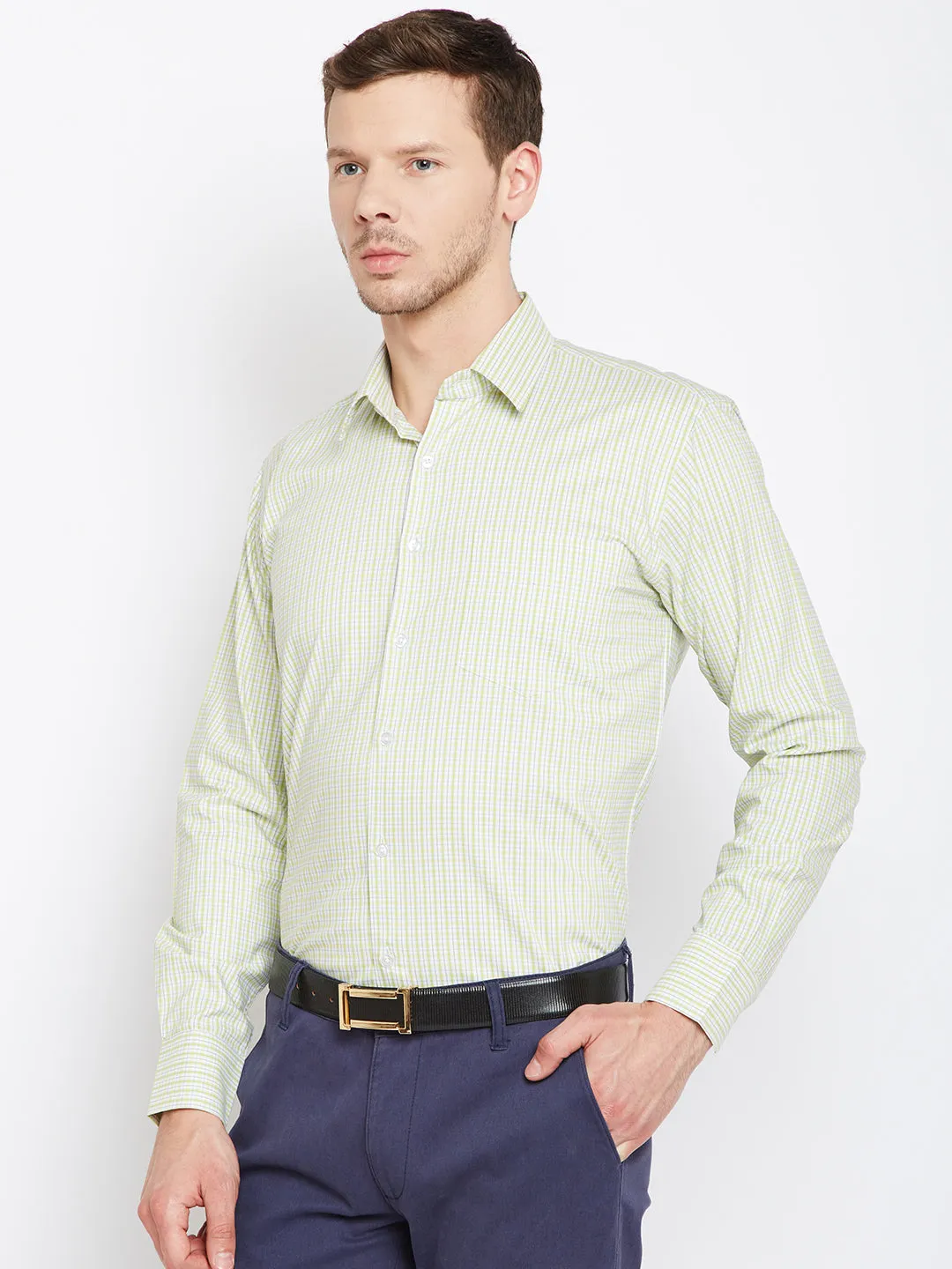 Men Green Checked Pure Cotton Regular Fit Formal Shirt
