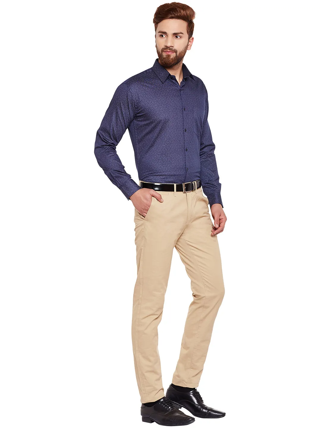 Men Navy Printed Pure Cotton Slim Fit Formal Shirt