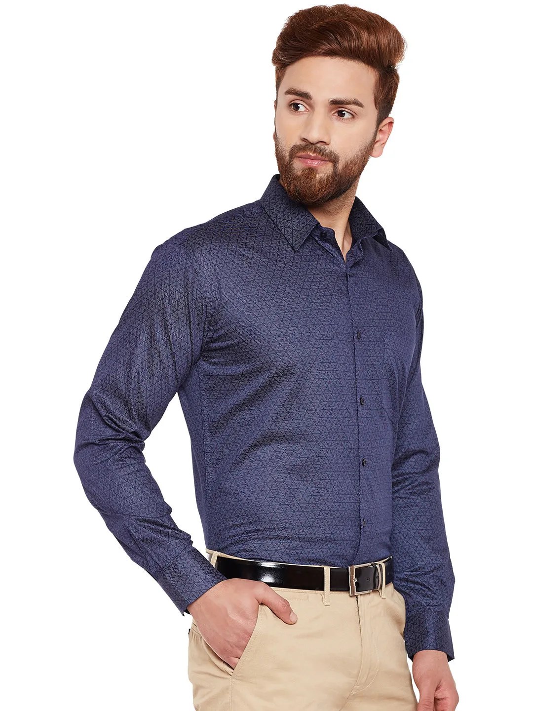 Men Navy Printed Pure Cotton Slim Fit Formal Shirt