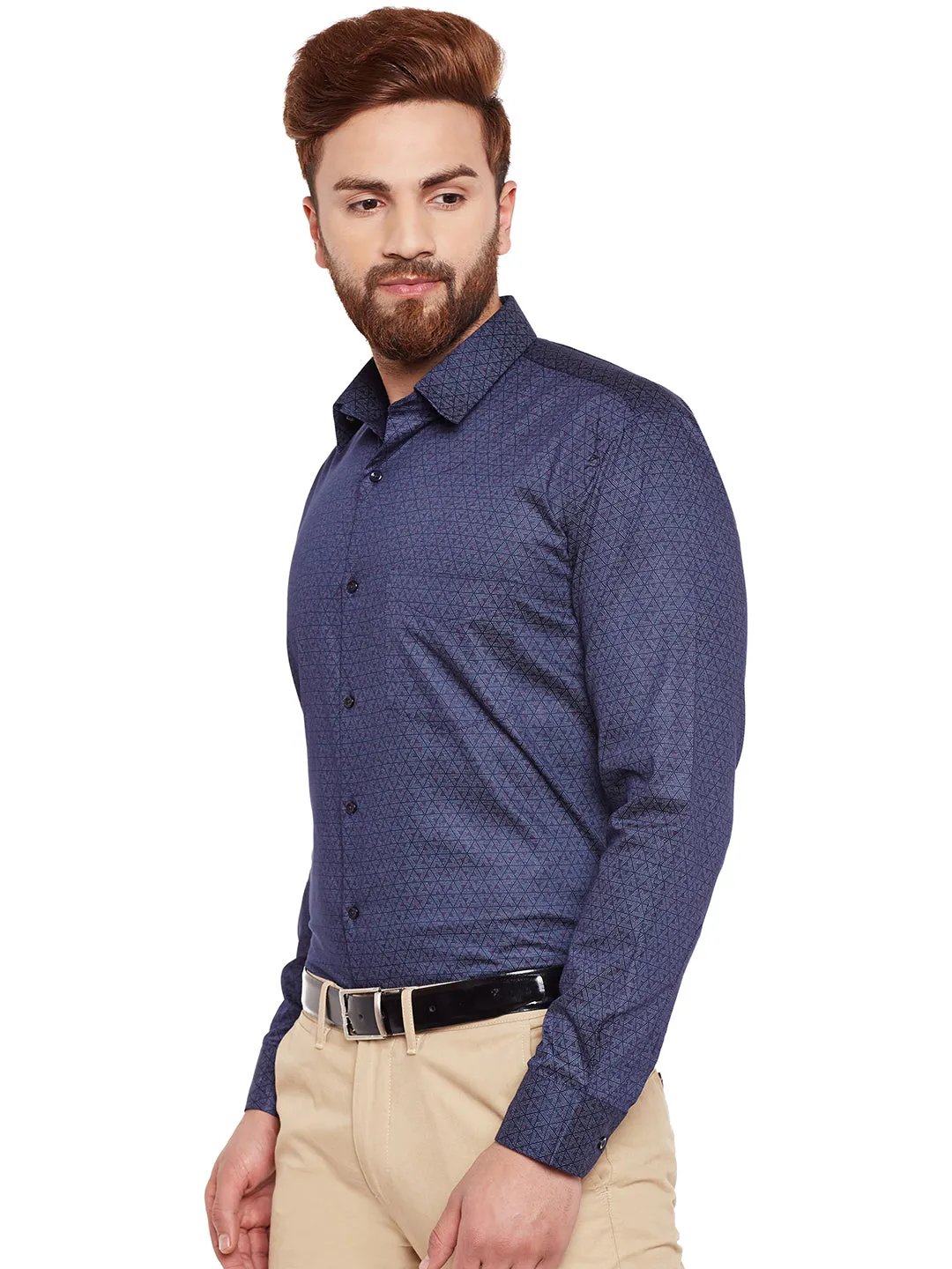 Men Navy Printed Pure Cotton Slim Fit Formal Shirt