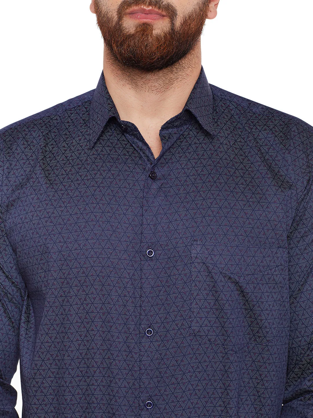 Men Navy Printed Pure Cotton Slim Fit Formal Shirt