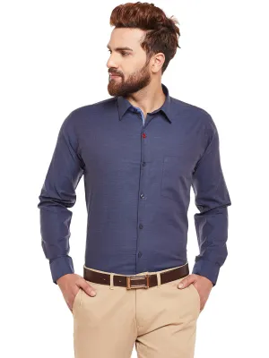 Men Navy Solid Herrignbone Pure Cotton Slim Fir Formal Shirt