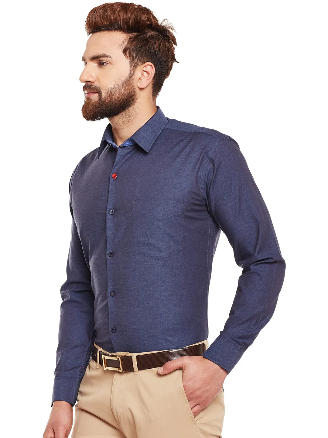 Men Navy Solid Herrignbone Pure Cotton Slim Fir Formal Shirt