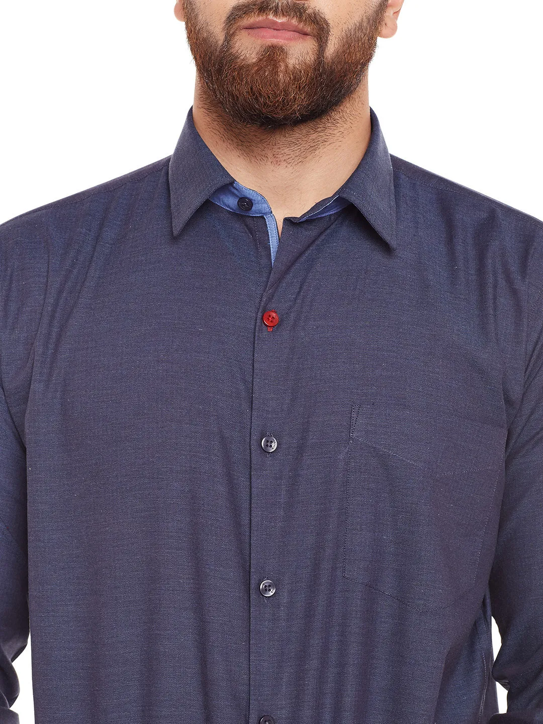 Men Navy Solid Herrignbone Pure Cotton Slim Fir Formal Shirt