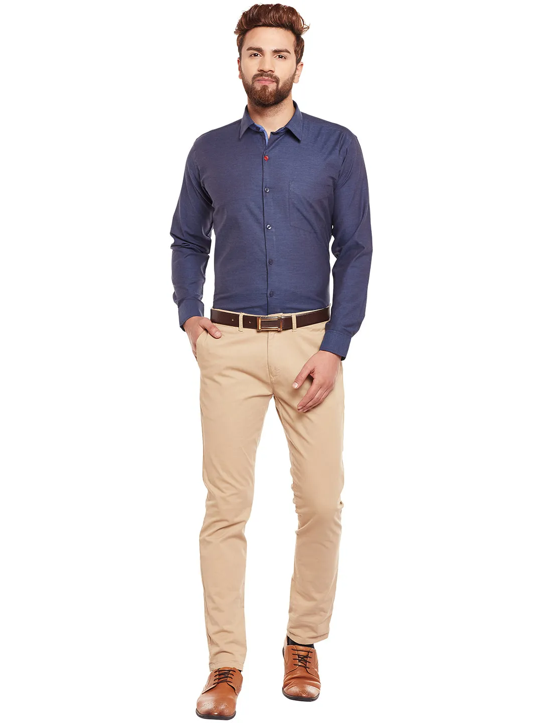 Men Navy Solid Herrignbone Pure Cotton Slim Fir Formal Shirt