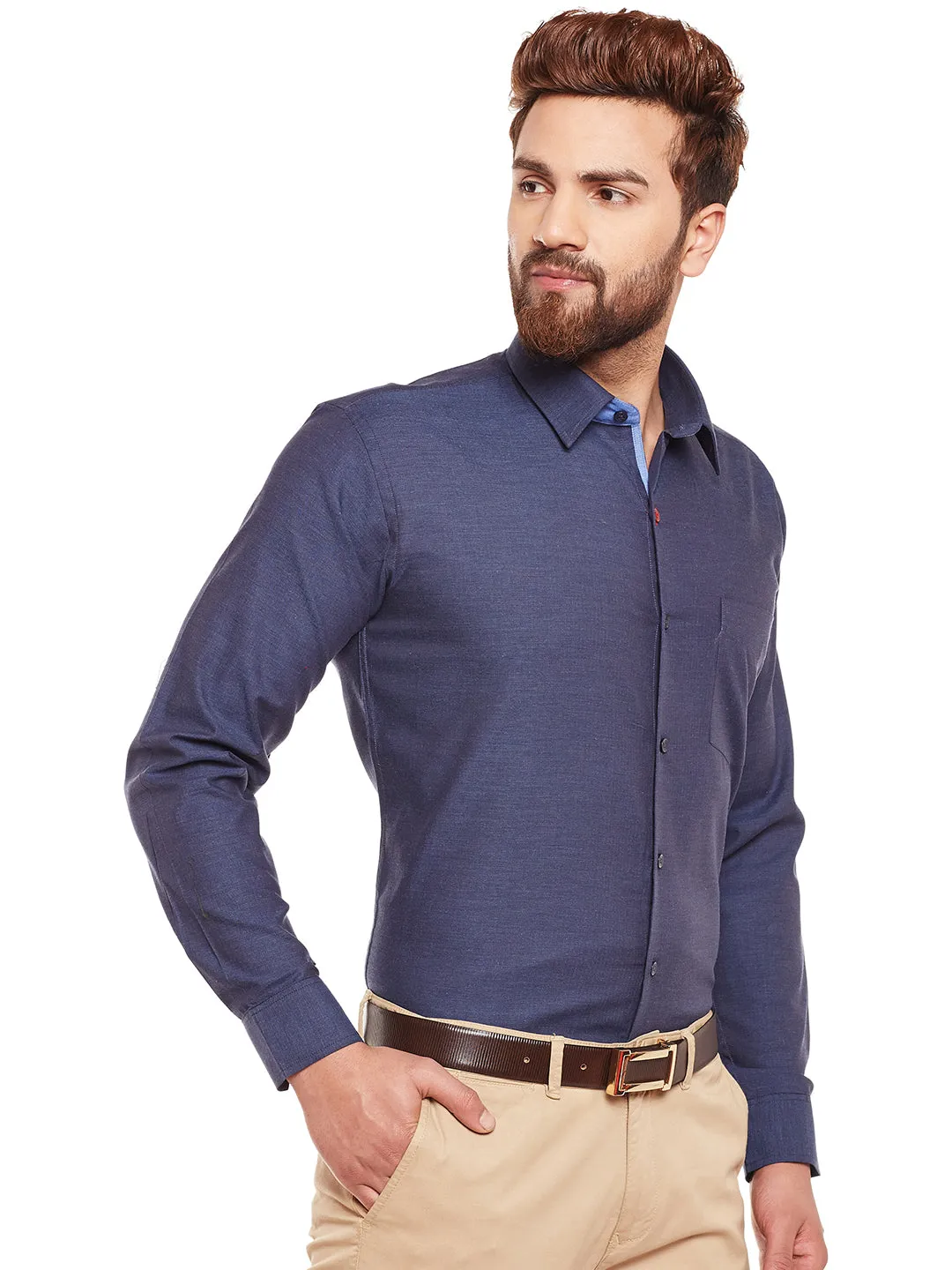 Men Navy Solid Herrignbone Pure Cotton Slim Fir Formal Shirt