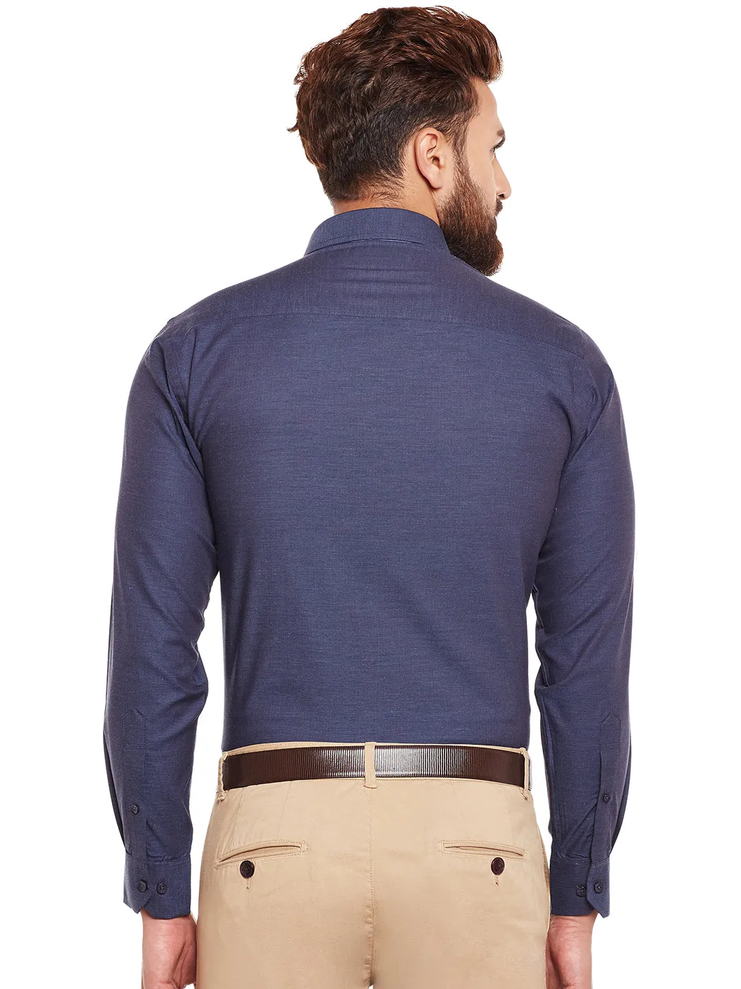 Men Navy Solid Herrignbone Pure Cotton Slim Fir Formal Shirt