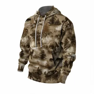Men's Forest Bear Print Long Sleeve Hoodie 2409010461