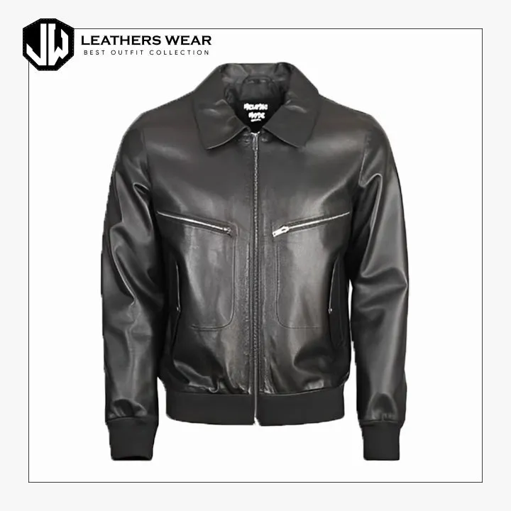 Mens Sheep Black Bomber Leather Jacket