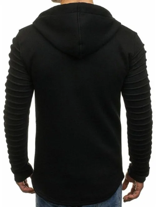 Men's Solid Color Sleeve Pleated Pocket Full Zipper Fleece Hoodie