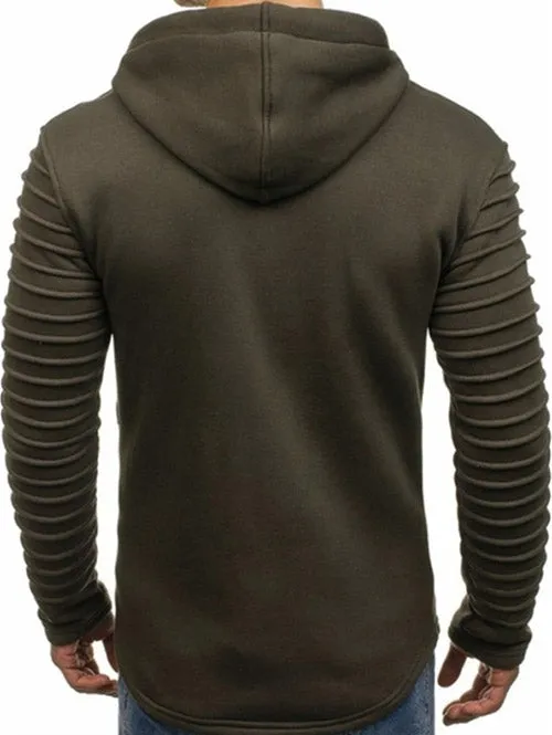 Men's Solid Color Sleeve Pleated Pocket Full Zipper Fleece Hoodie