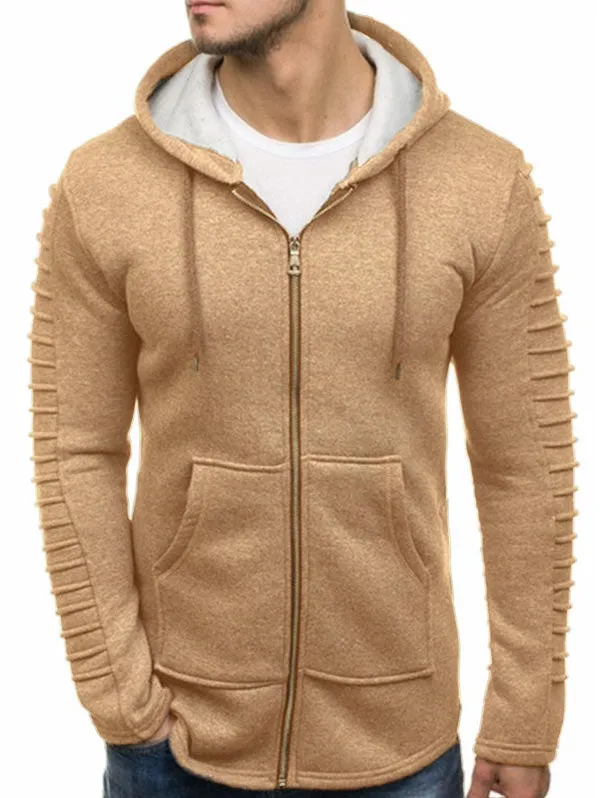 Men's Solid Color Sleeve Pleated Pocket Full Zipper Fleece Hoodie