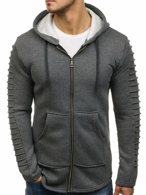 Men's Solid Color Sleeve Pleated Pocket Full Zipper Fleece Hoodie