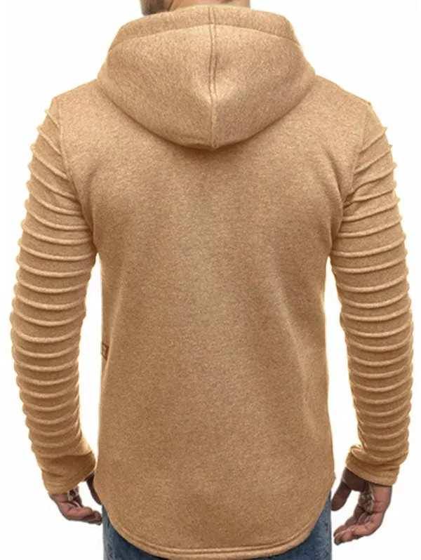 Men's Solid Color Sleeve Pleated Pocket Full Zipper Fleece Hoodie