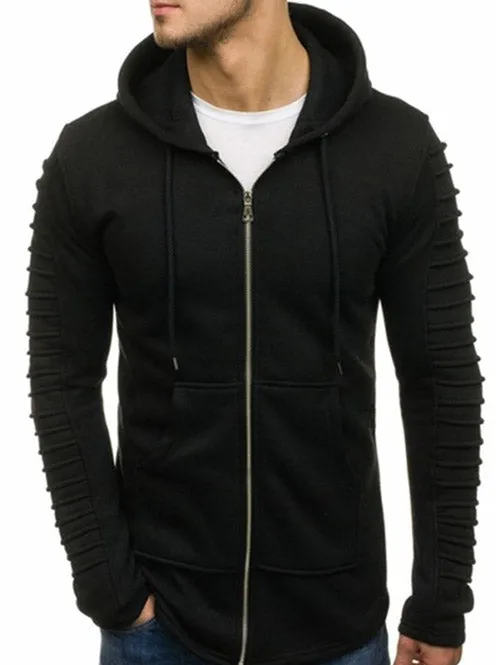 Men's Solid Color Sleeve Pleated Pocket Full Zipper Fleece Hoodie