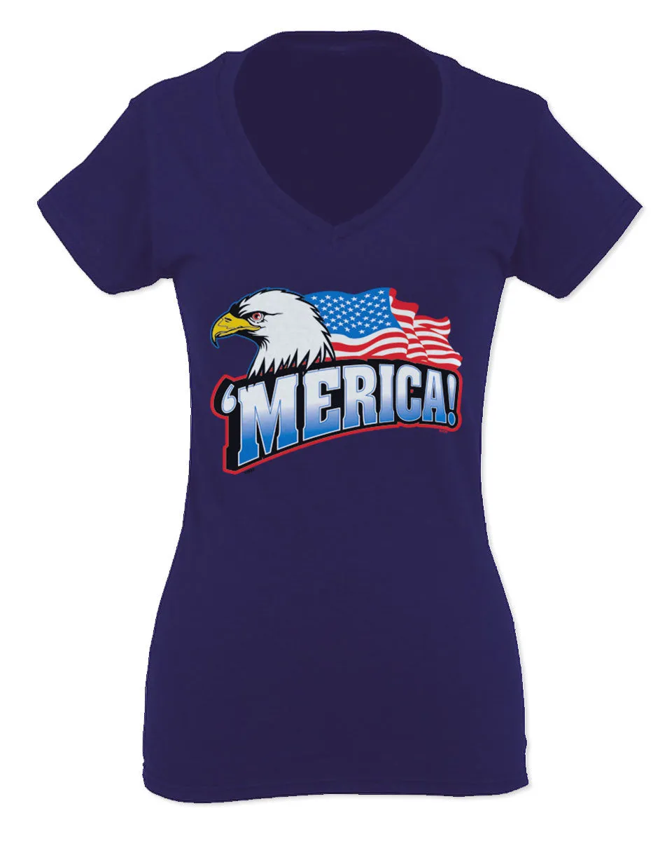Merica Eagle USA American Flag United States America For Women V neck fitted T Shirt