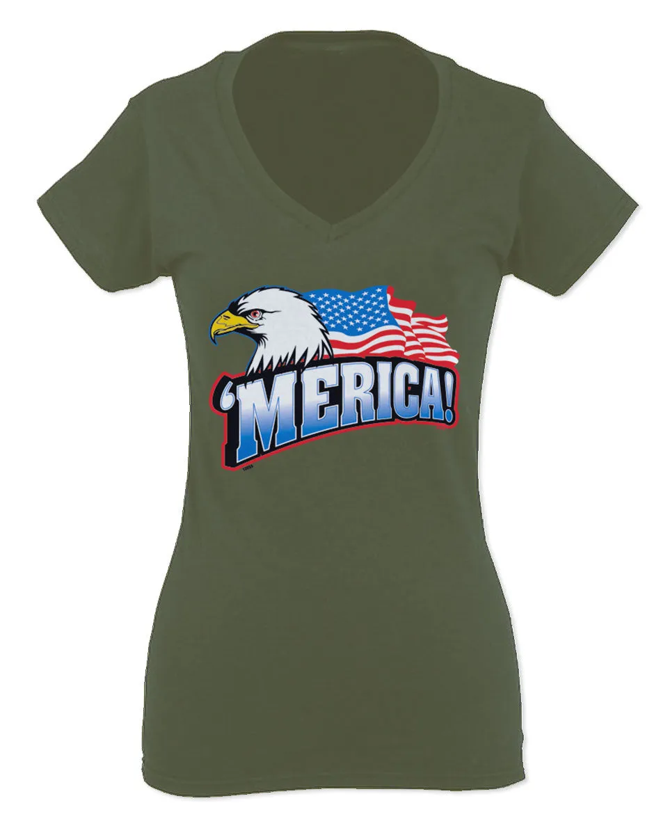 Merica Eagle USA American Flag United States America For Women V neck fitted T Shirt