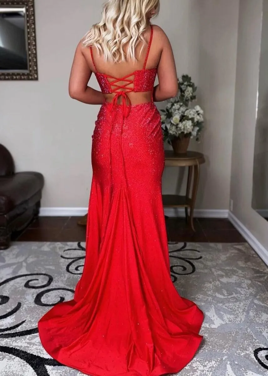 Mermaid Spaghettti Strap Beaded Satin Prom Dresses with Slit